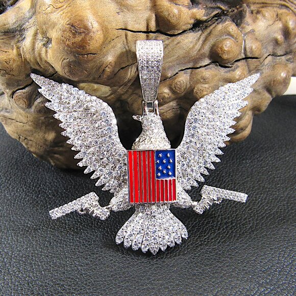 Solid 925 Sterling Silver Iced Out Rhodium Plated Patriotic Eagle & Flag Pendant - Picture 1 of 9